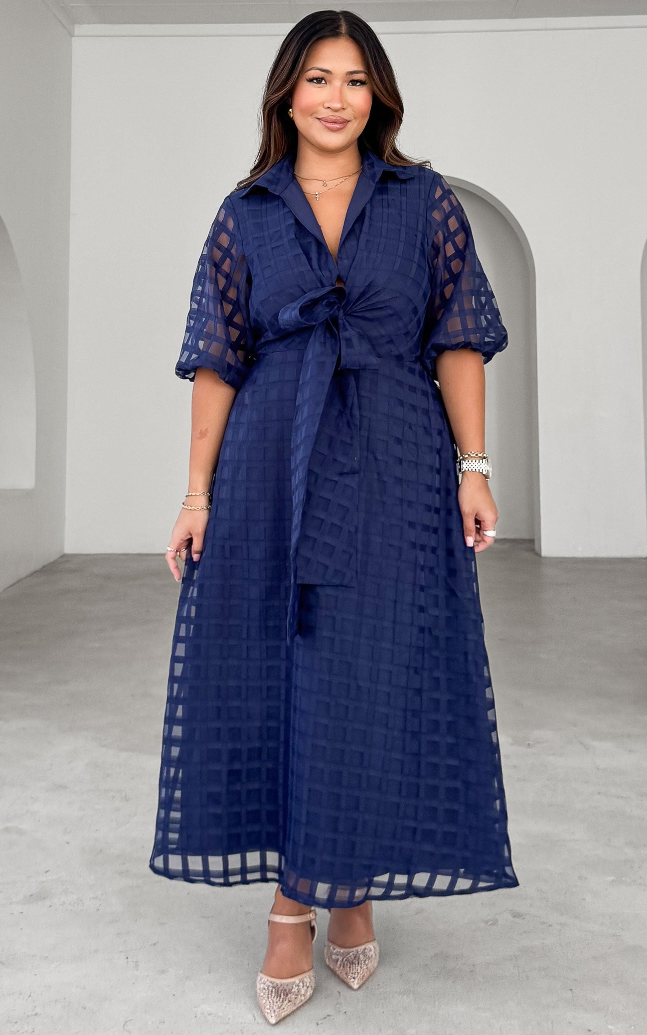 Zoeva Maxi Dress - Navy Check Organza