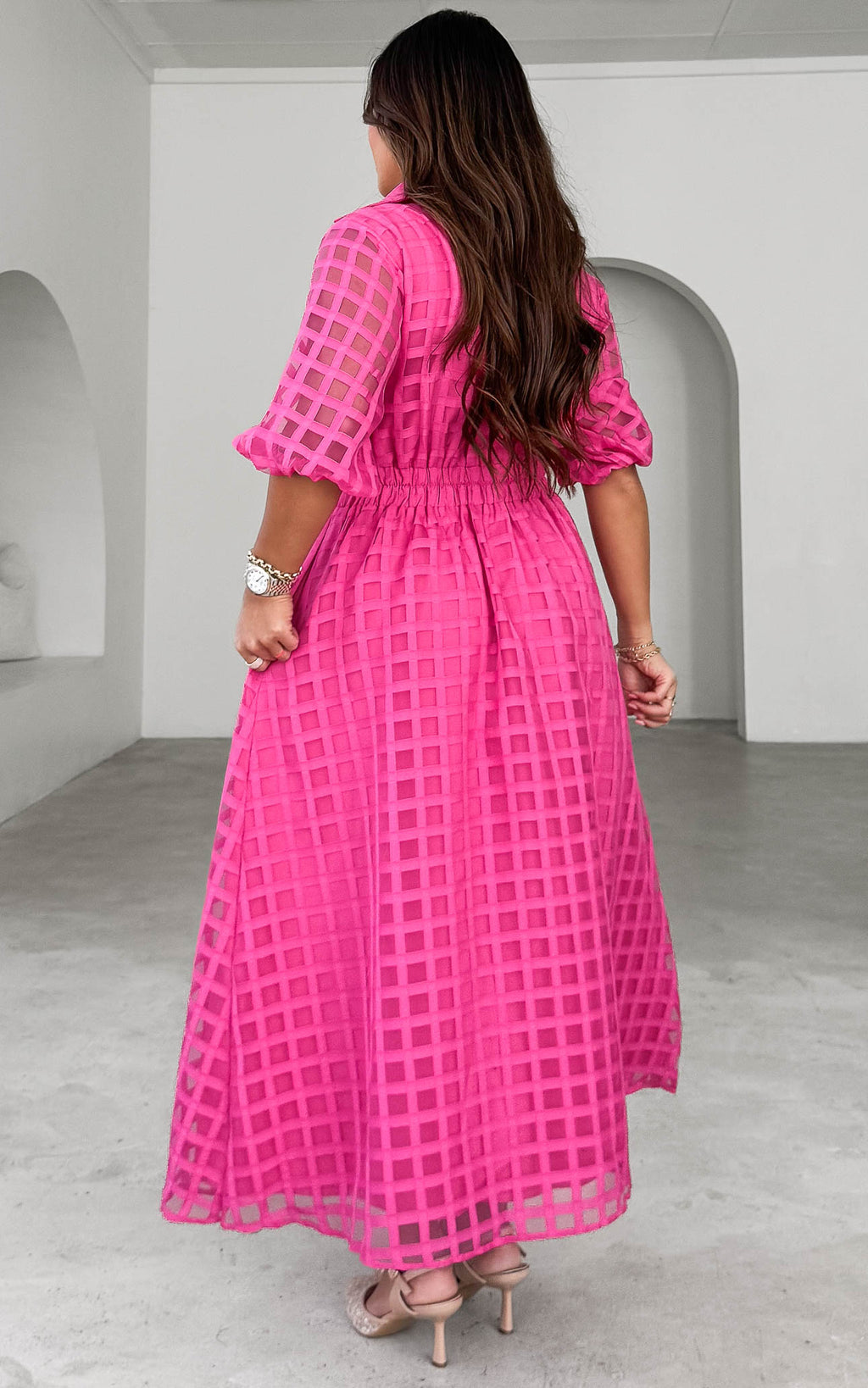 Zoeva Maxi Dress - Hot Pink Check Organza