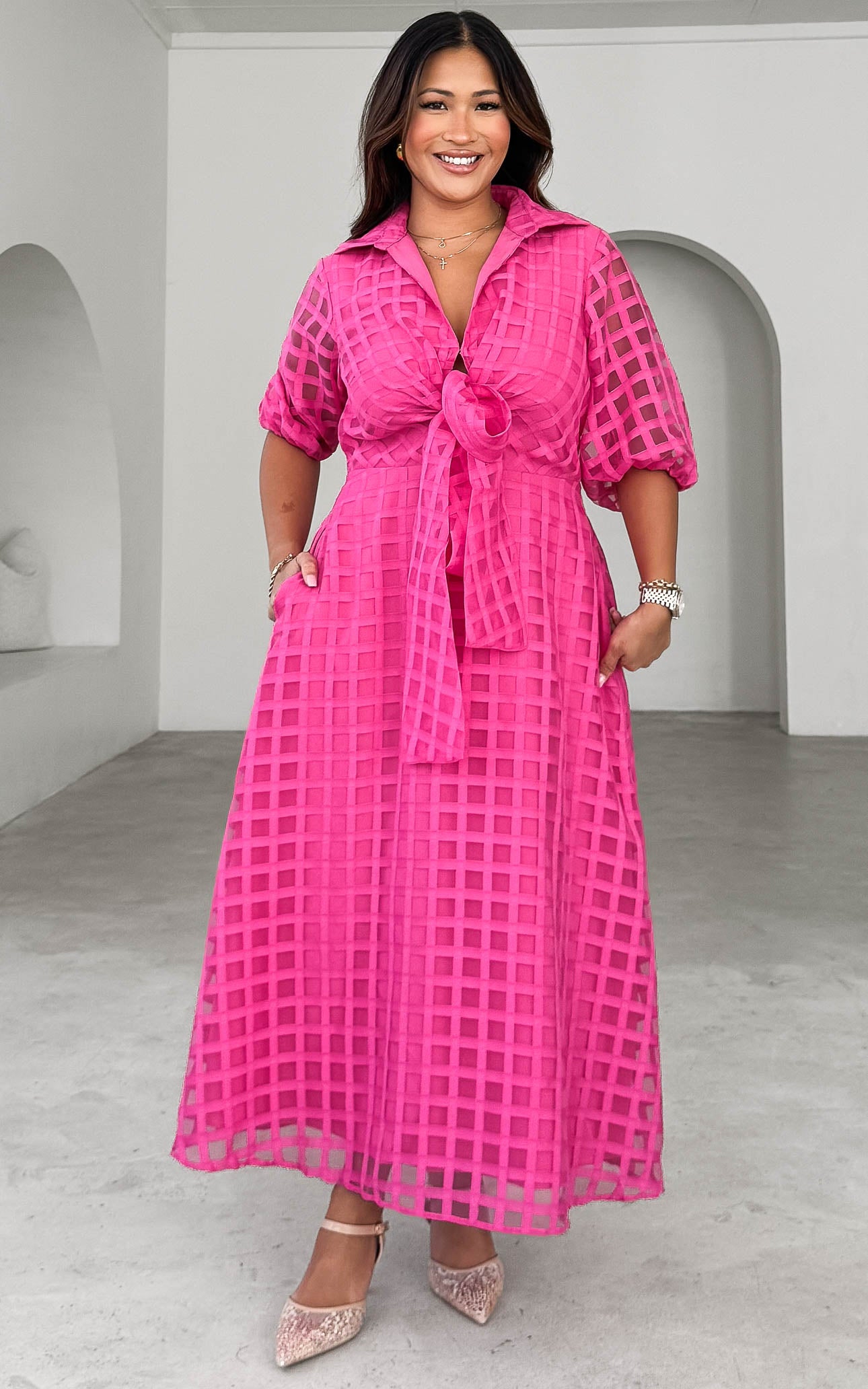 Zoeva Maxi Dress - Hot Pink Check Organza