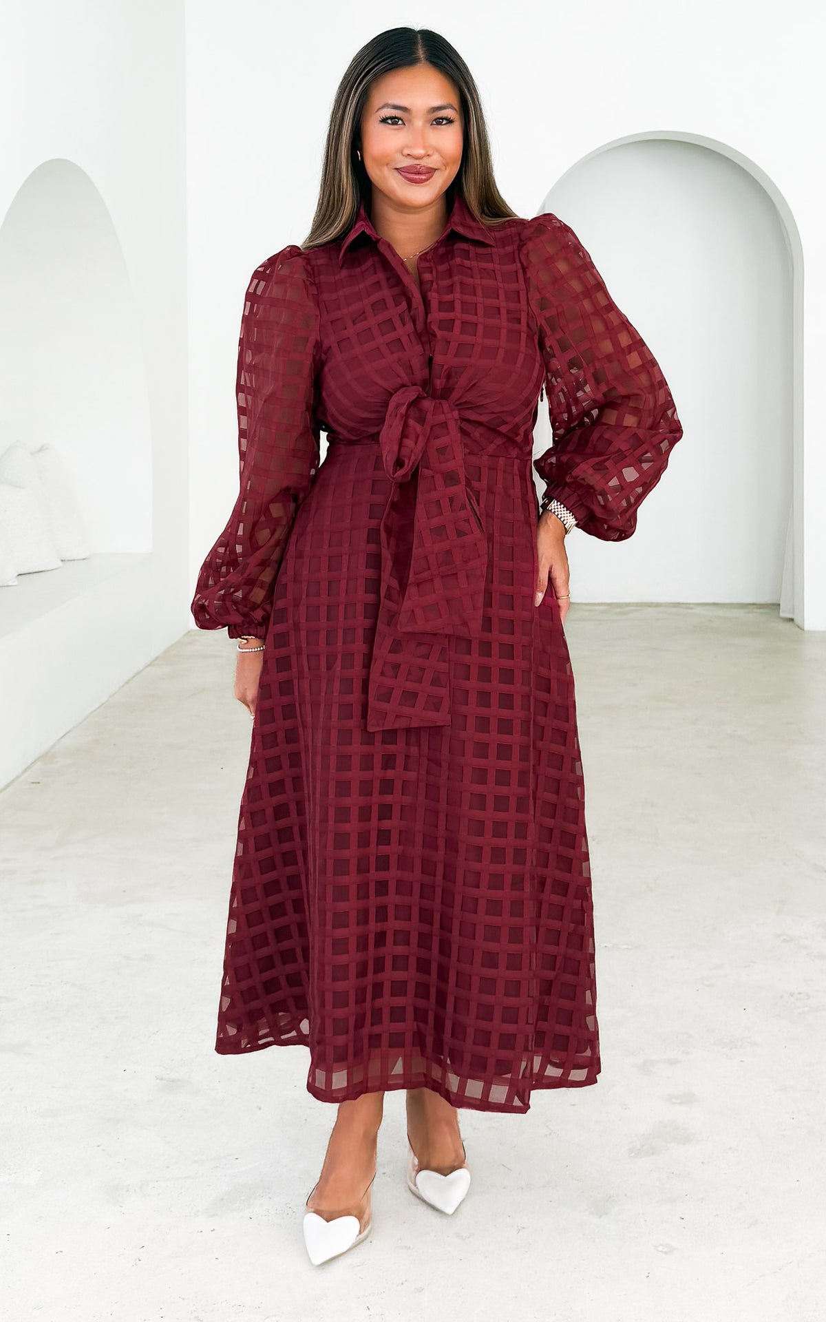 Zoeva Long Sleeve Maxi Dress - Wine Check Organza