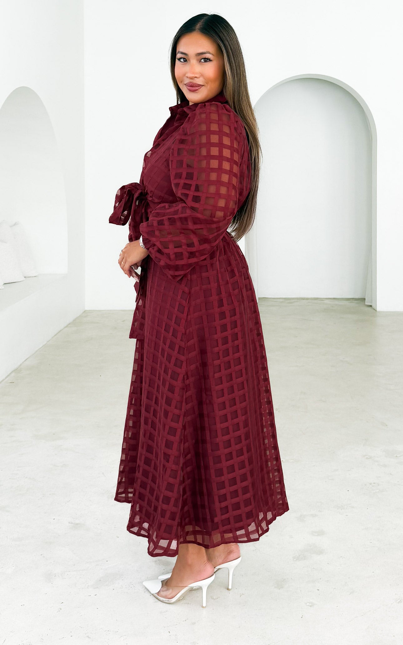 Zoeva Long Sleeve Maxi Dress - Wine Check Organza