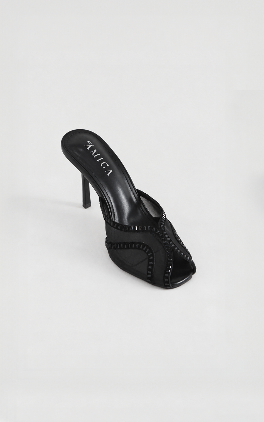 Ziva Mesh Mule Heels - Black Diamante