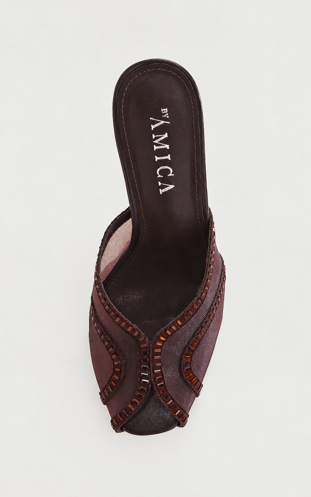 Ziva Mesh Mule Heels - Chocolate Brown Diamante