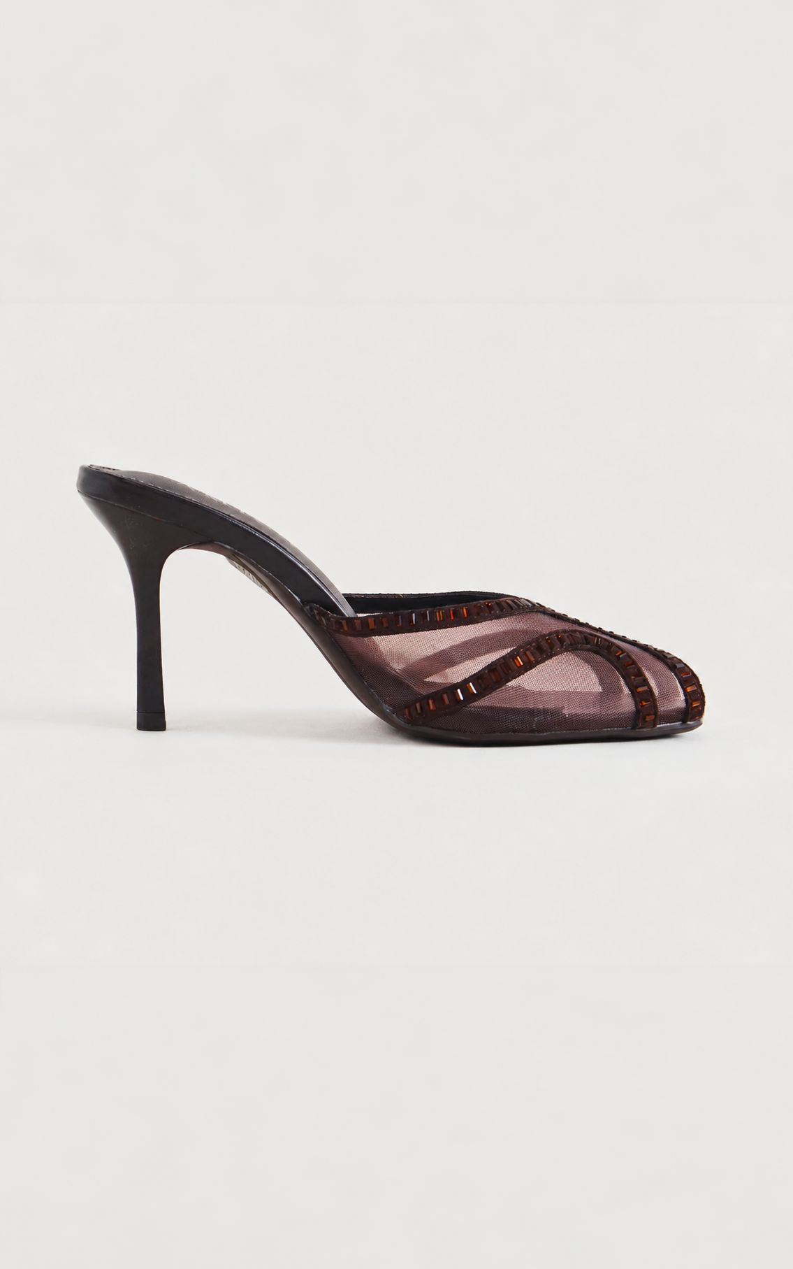 Ziva Mesh Mule Heels - Chocolate Brown Diamante
