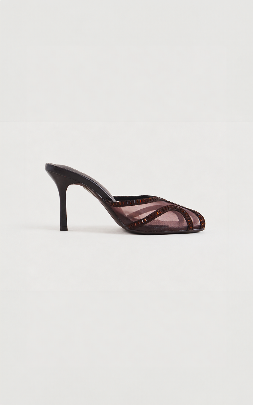 Ziva Mesh Mule Heels - Chocolate Brown Diamante