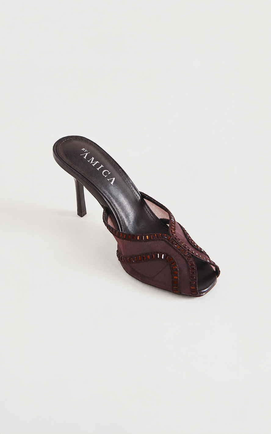 Ziva Mesh Mule Heels - Chocolate Brown Diamante