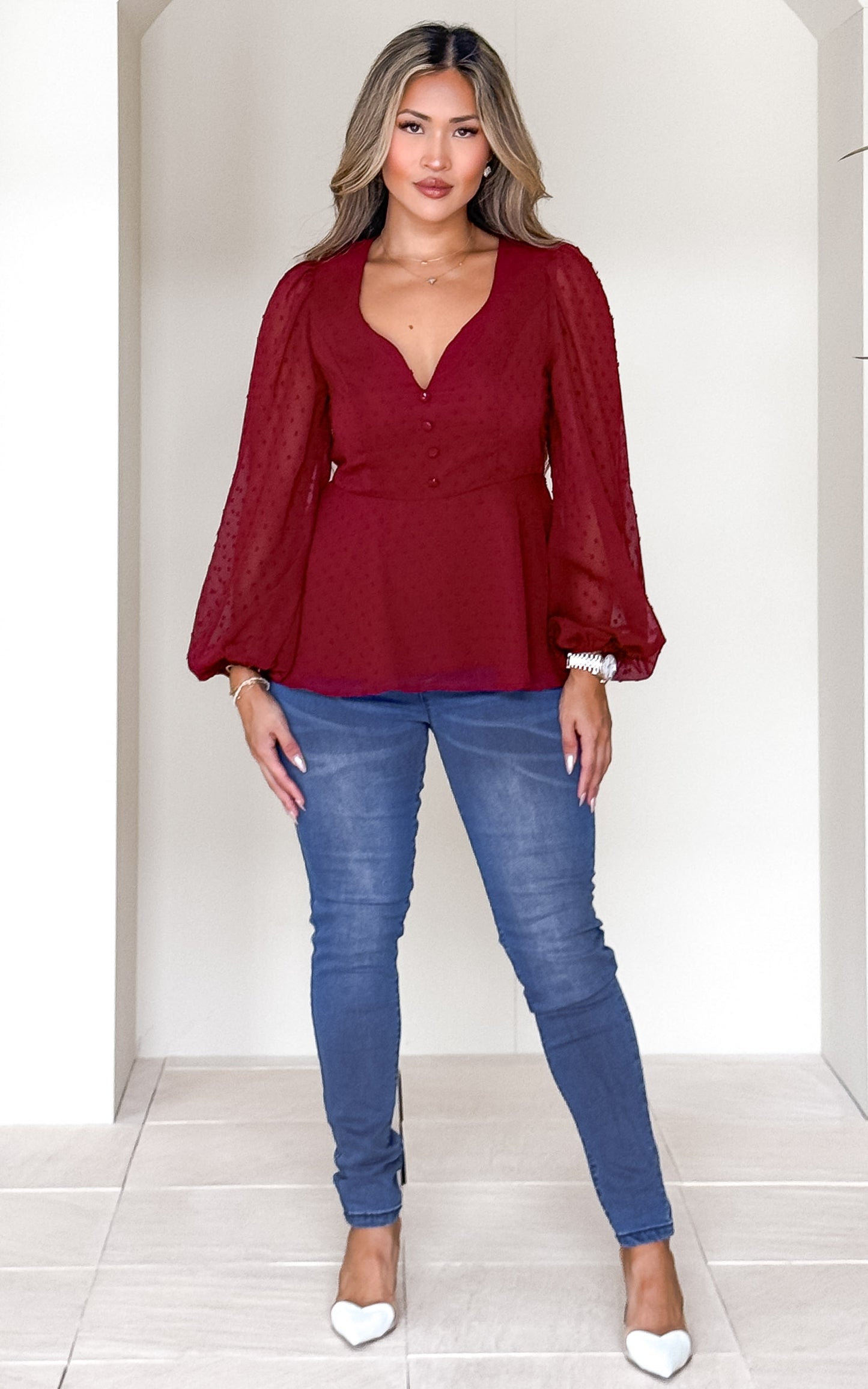 Edwina Peplum Top - Wine Texture