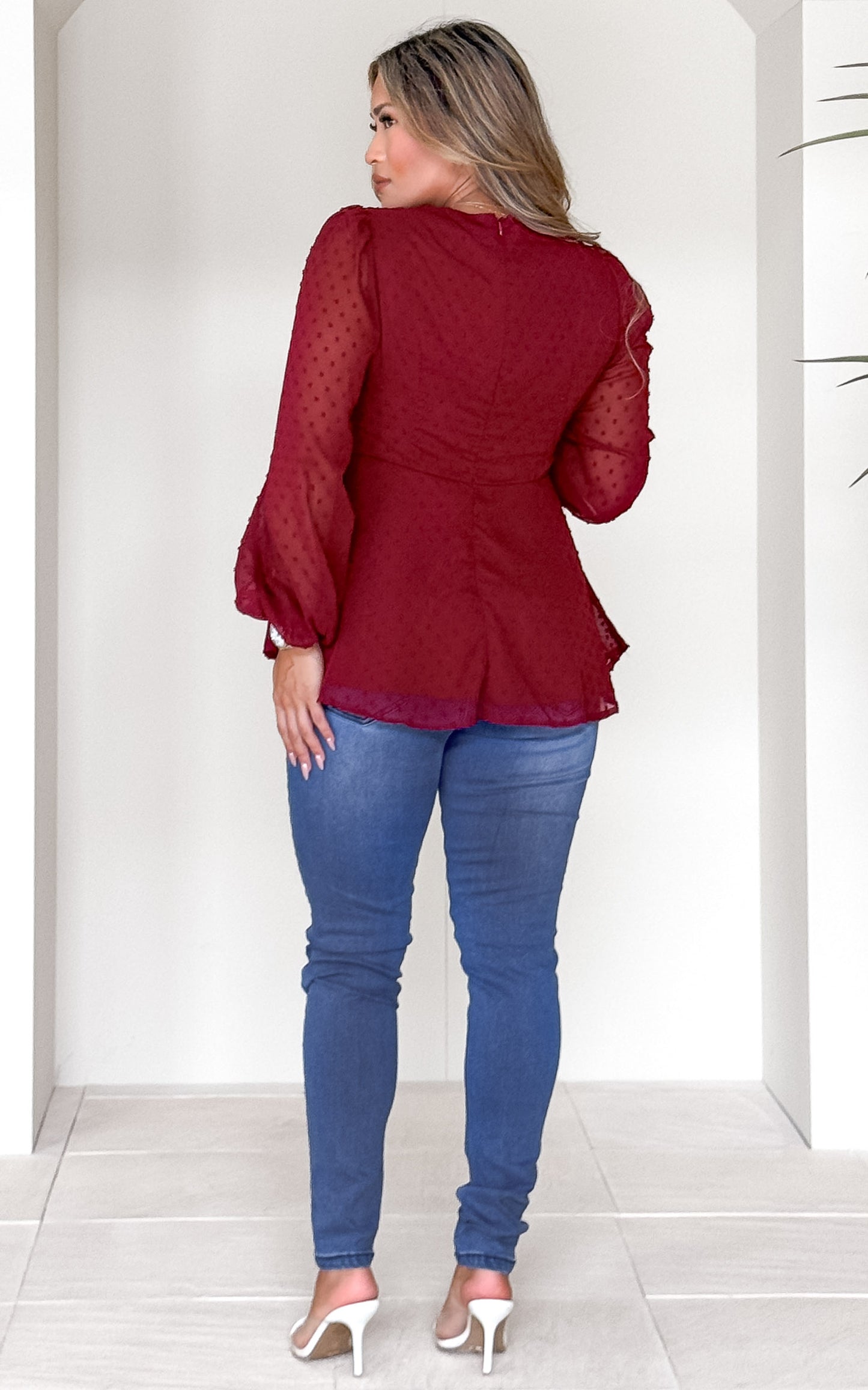 Edwina Peplum Top - Wine Texture