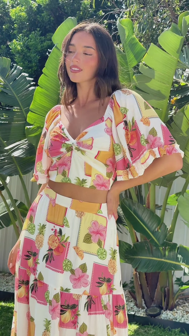 Corlette Crop Top - White Pineapple Tropical Print