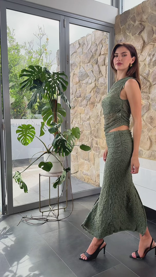 Caspian Mesh Crop Top - Olive Green Texture