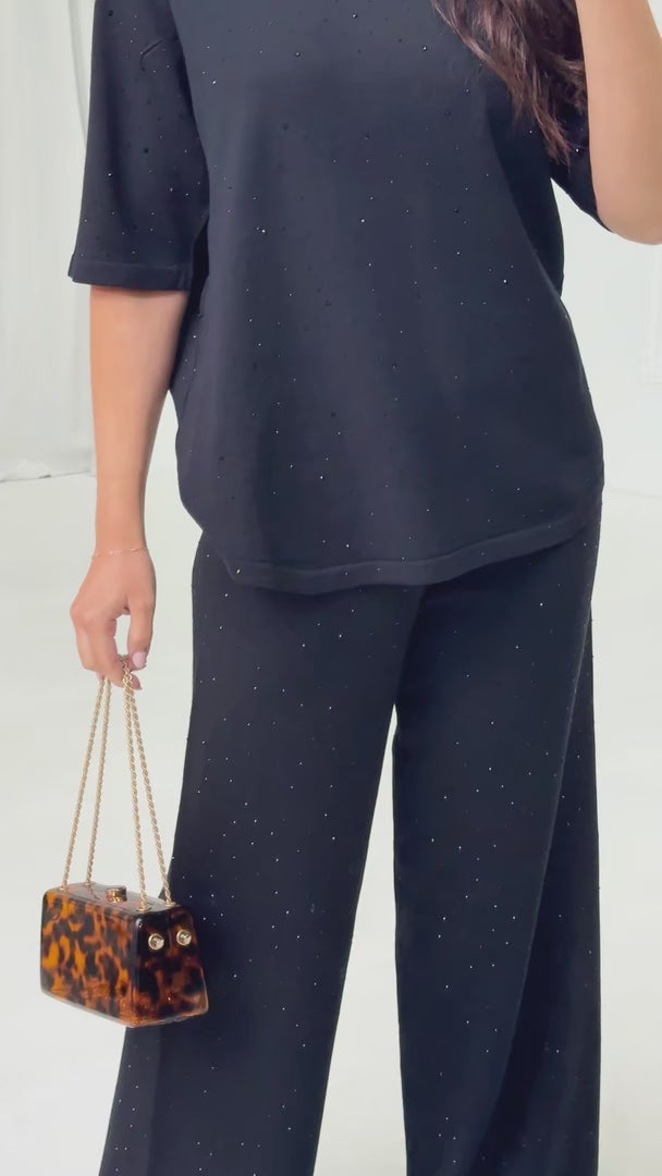 Kenzia Diamante Wide Leg Knit Pants - Black