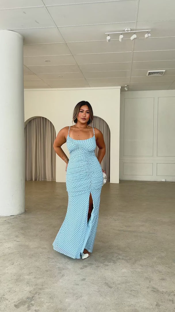 Gracie Maxi Dress - Blue Brown Polka Dot