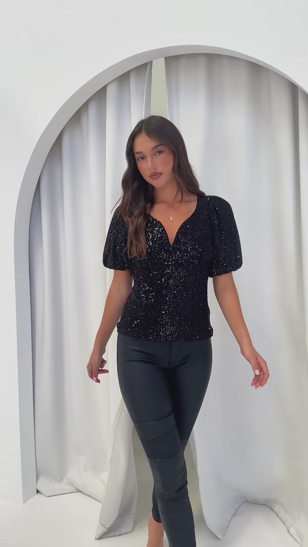 Beyond The Stars Short Sleeve Top - Black Sequin