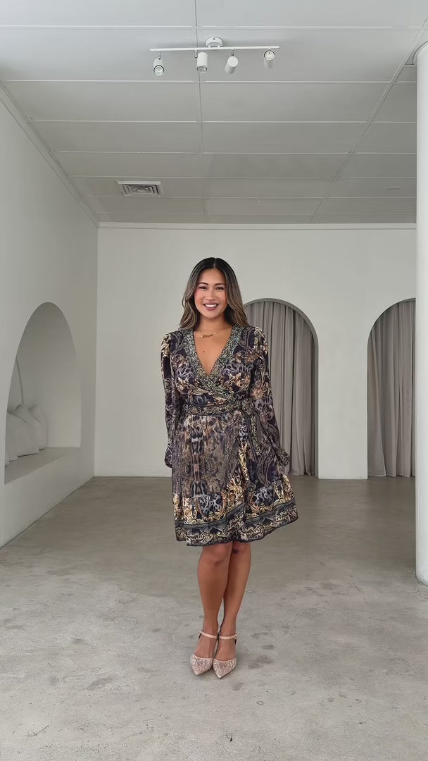 Arabella Gem Embellished Wrap Mini Dress - Black Gold Print