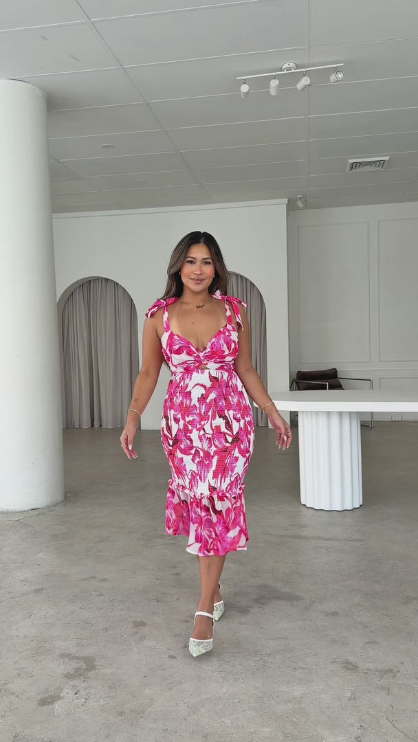Kiani Midi Dress - White Pink Floral
