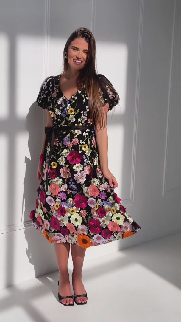 Peony Midi Dress - Black Multi Floral