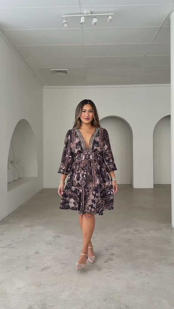Mayura Gem Embellished Mini Dress - Black Bronze Print