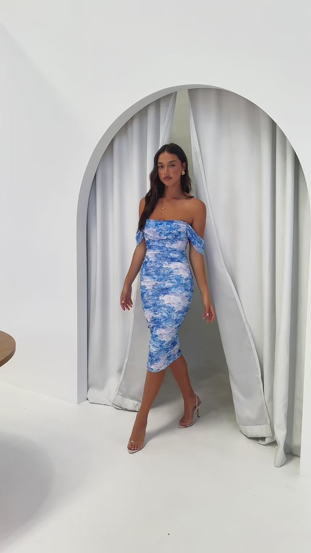 Pandora Mesh Midi Dress - Blue Floral