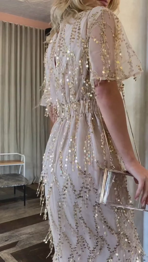 Fireworks Sequin Midi Dress - Beige Gold