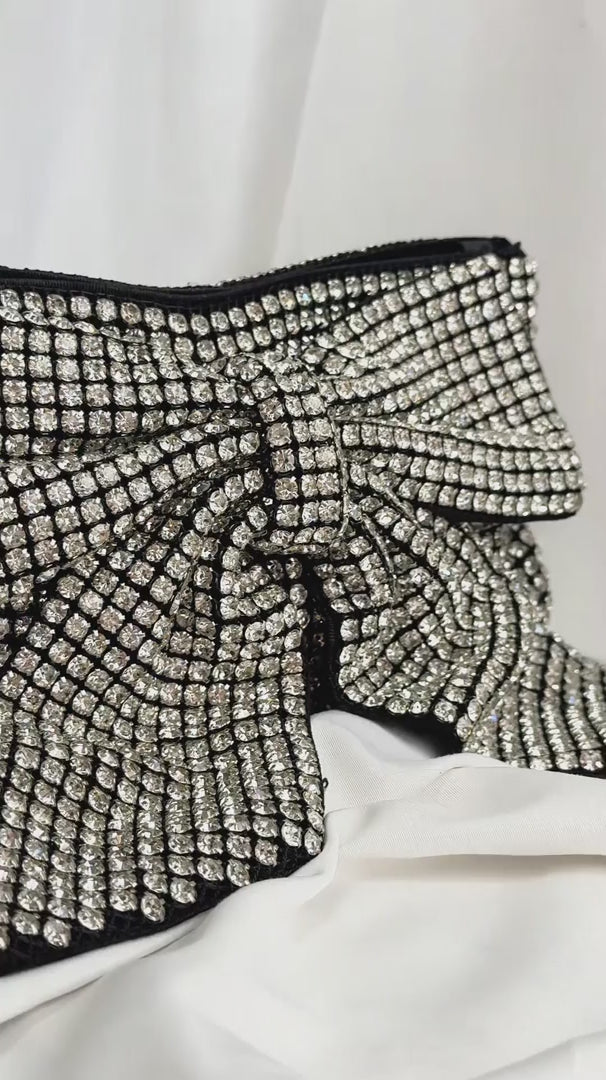 Bessie Crystal Rhinestone Clutch Bag - Bow Silver