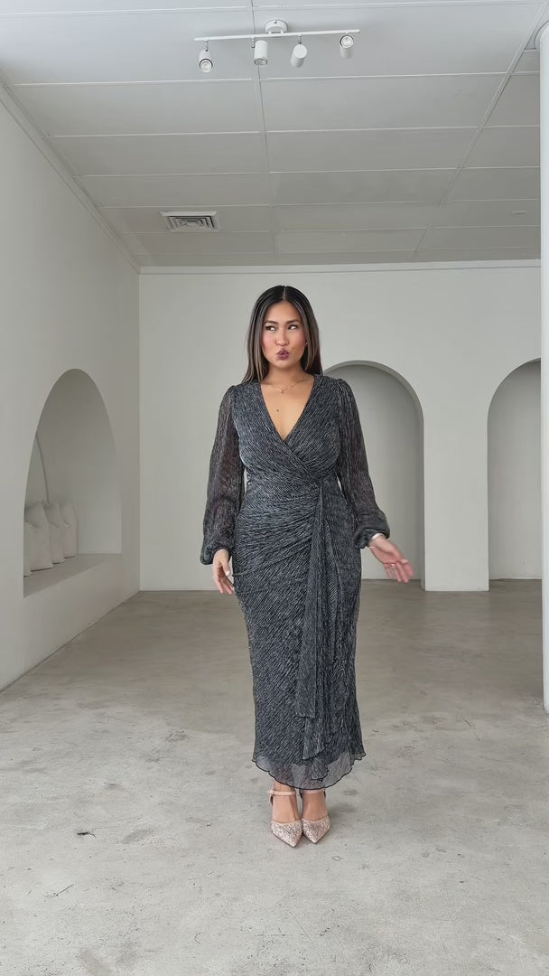 Galleria Long Sleeve Maxi Dress - Silver Black Metallic