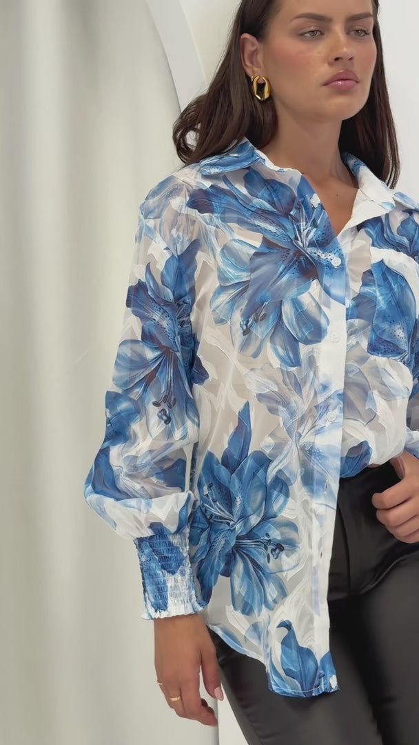 Veronica Shirt Blouse - White Blue Floral Texture