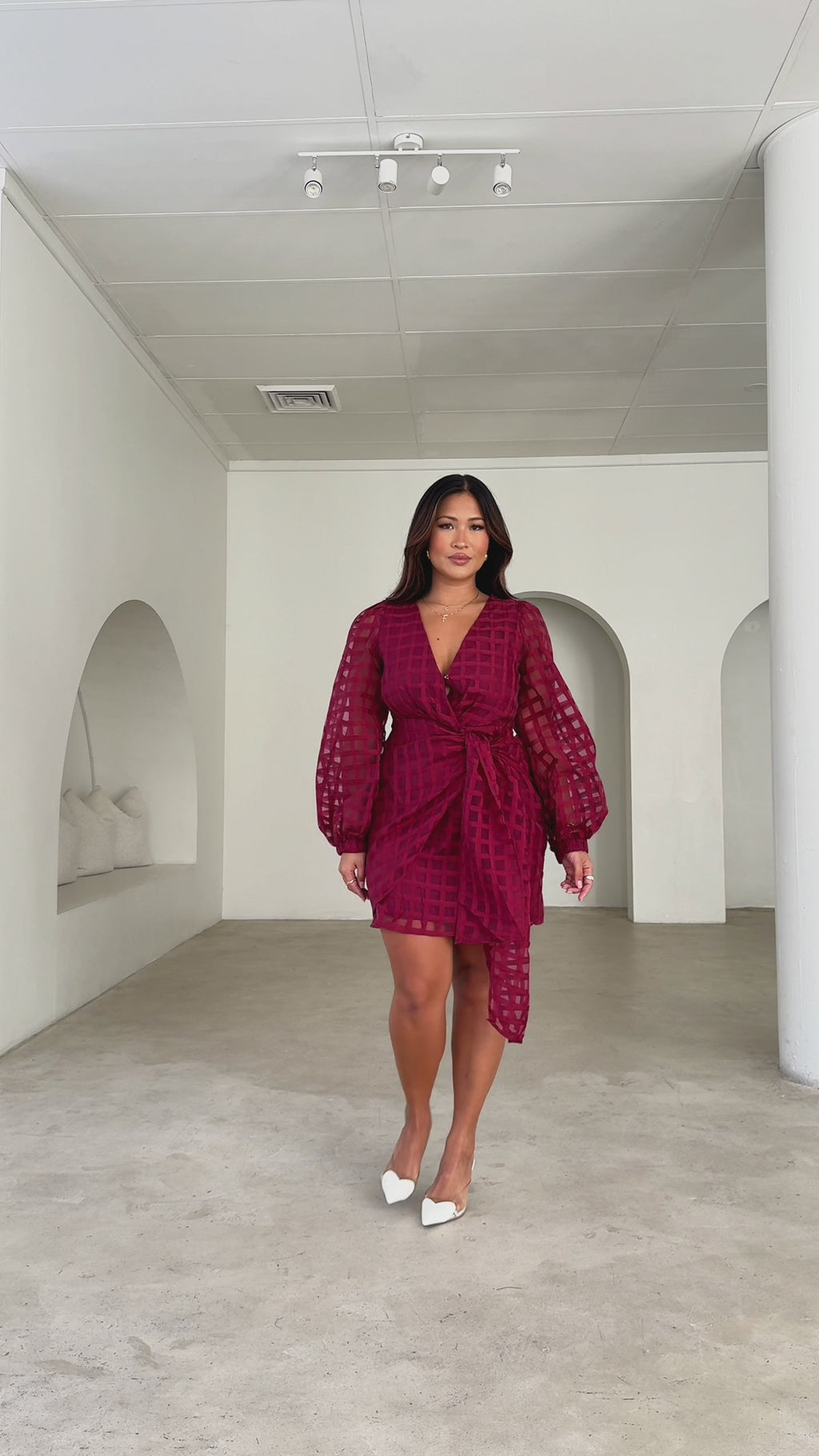 Koko Long Sleeve Mini Dress - Wine Check Organza