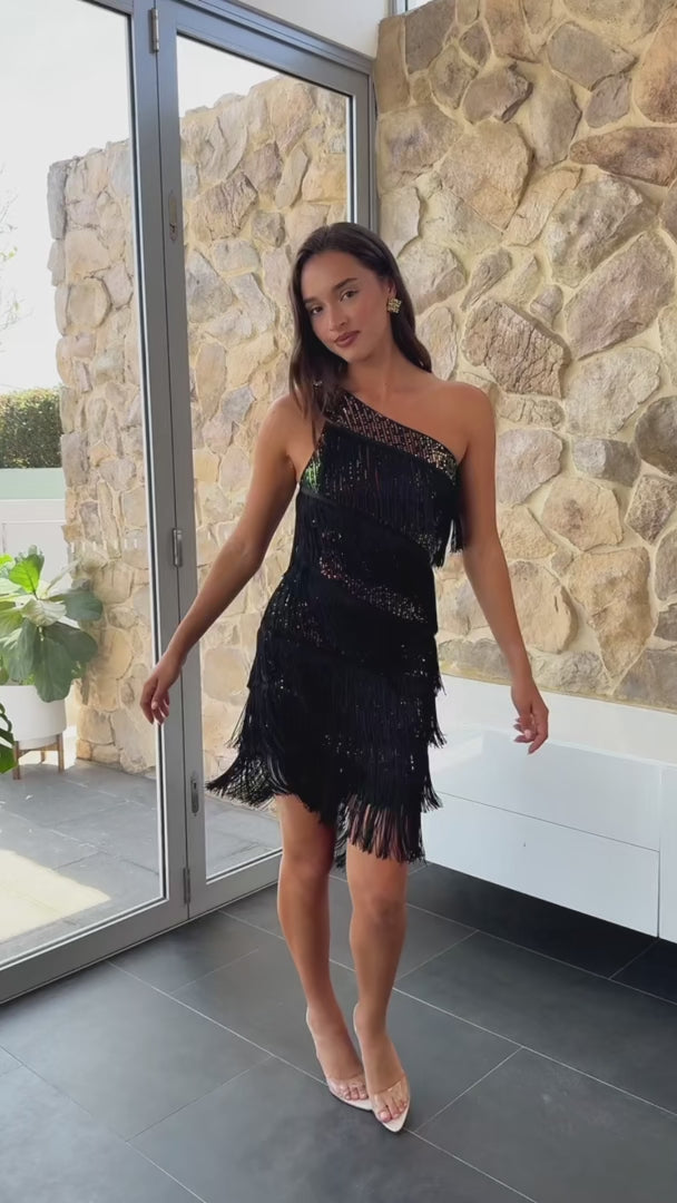 Gatsby Fringe Tassel Dress - Black Rainbow Sequin