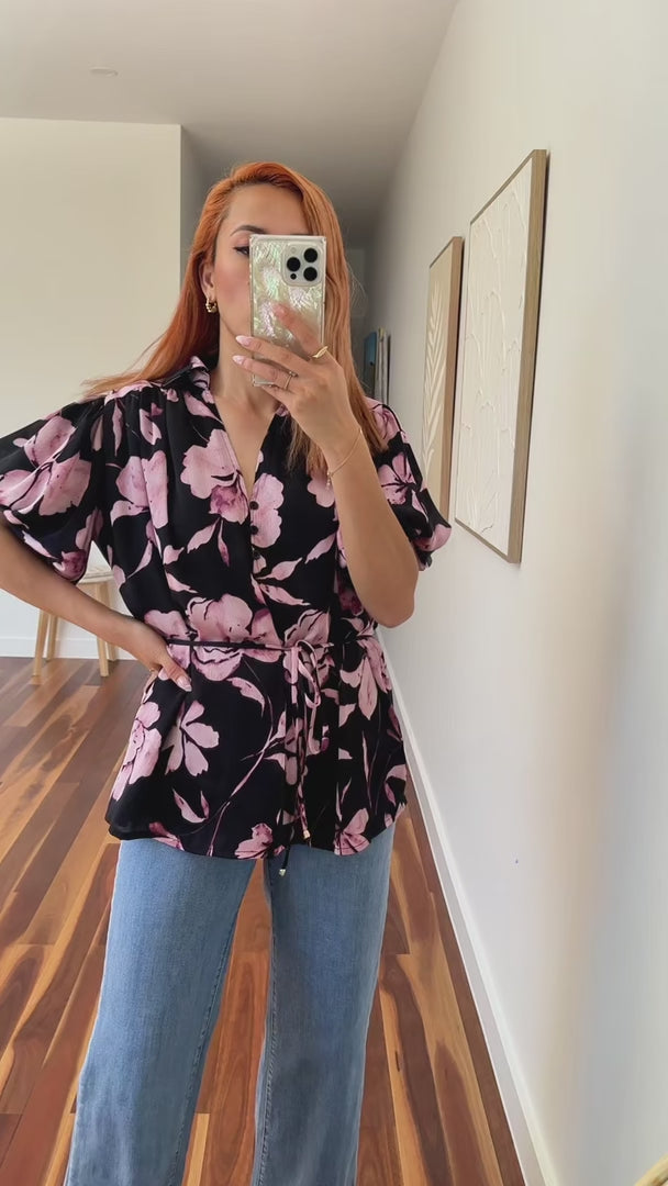 Beatrica Top - Black Purple Floral
