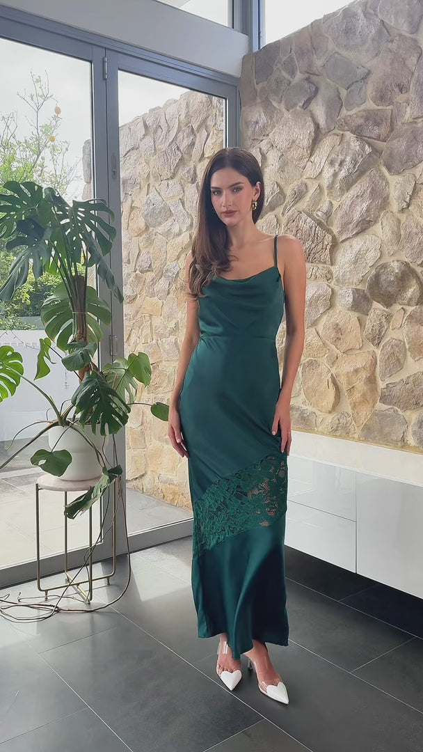 Delphine Diagonal Lace Panel Maxi Dress - Teal Green