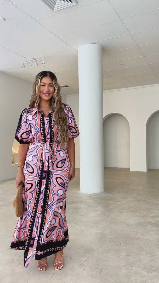 Augustine Short Sleeve Maxi Dress -  Peach Black Multi Print