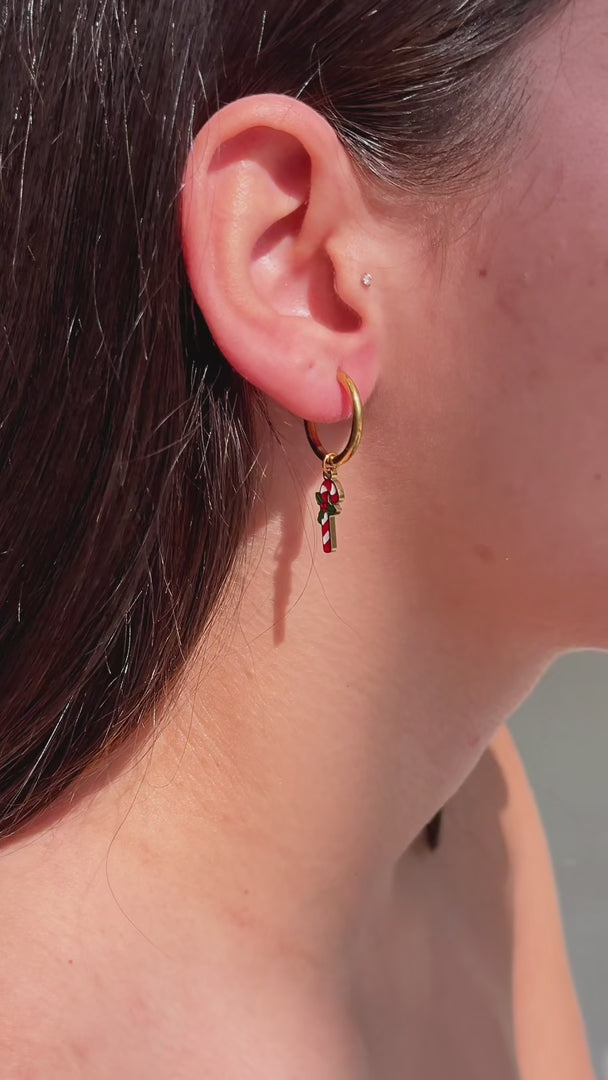 Festive Hoop Charm Earrings - Gold Candy Cane