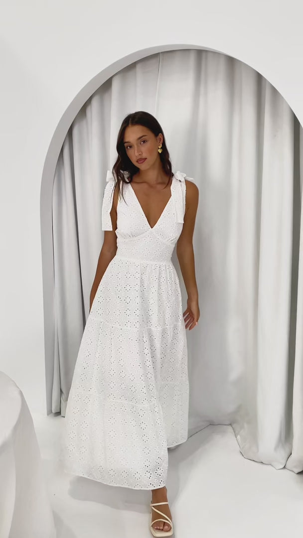 Aretha Tie Up Strap Maxi Dress - White Eyelet