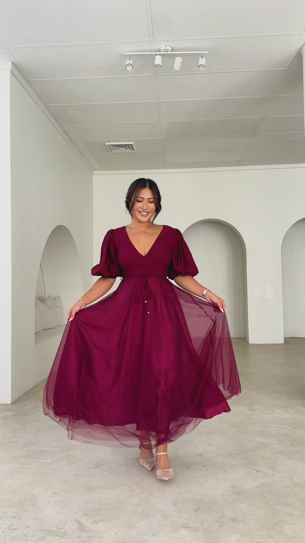 One Kiss Tulle Maxi Dress - Deep Wine