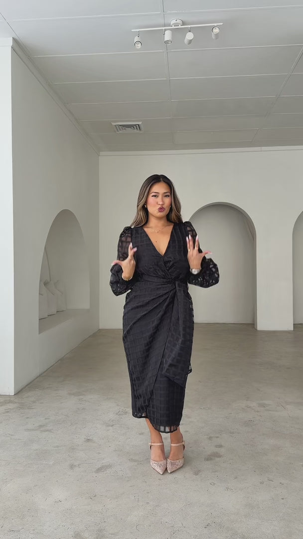 Koko Long Sleeve Midi Dress - Black Check Organza