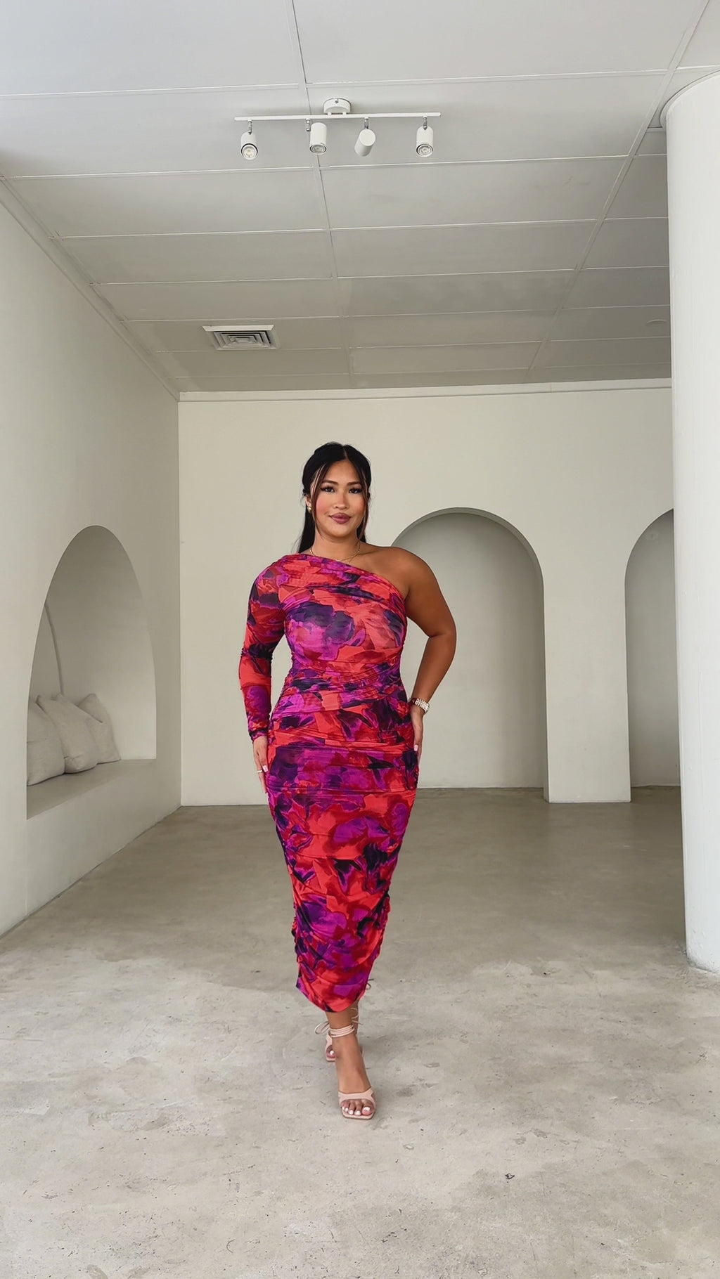 Isola Long Sleeve Mesh Midi Dress - Red Multi Print