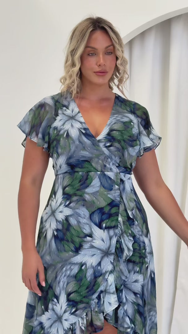 Portland Midi Dress - Blue Green Floral Texture