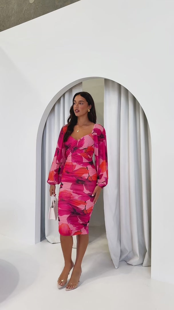 Calissa Mesh Midi Dress - Pink Floral