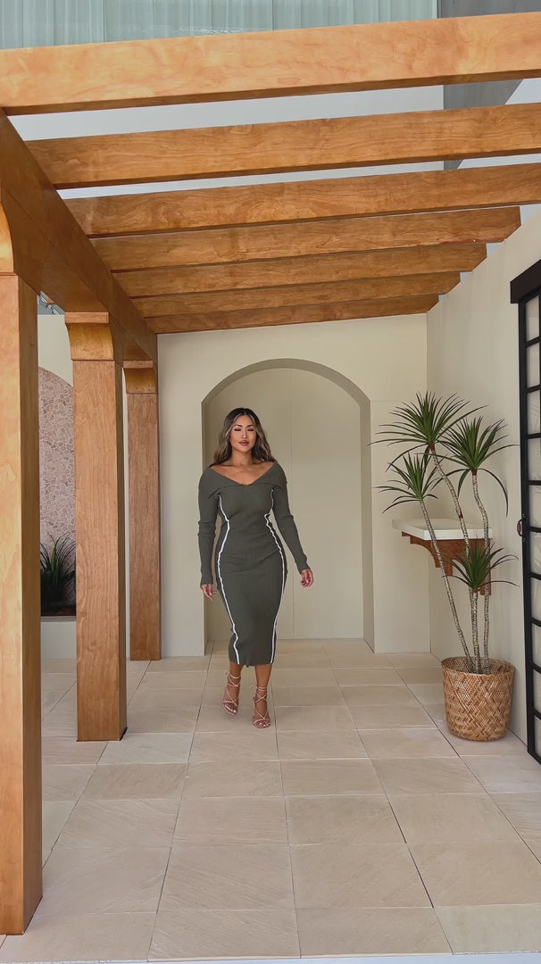 Alaska Knit Midi Dress - Khaki White Trim