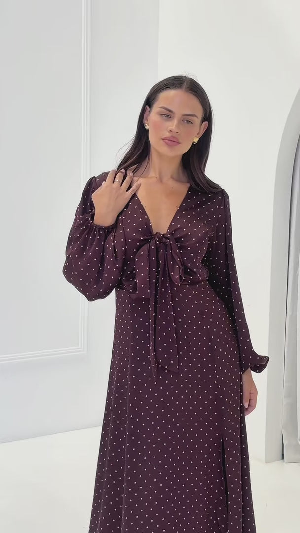 Conessa Long Sleeve Midi Dress - Wine Mahogany Spots