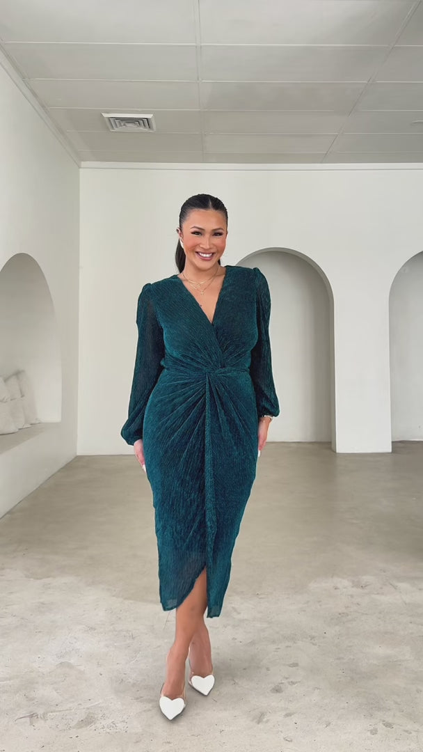 MONTELL V NECK TWIST FRONT LONG BALLOON SLEEVE MIDI DRESS - BLACK