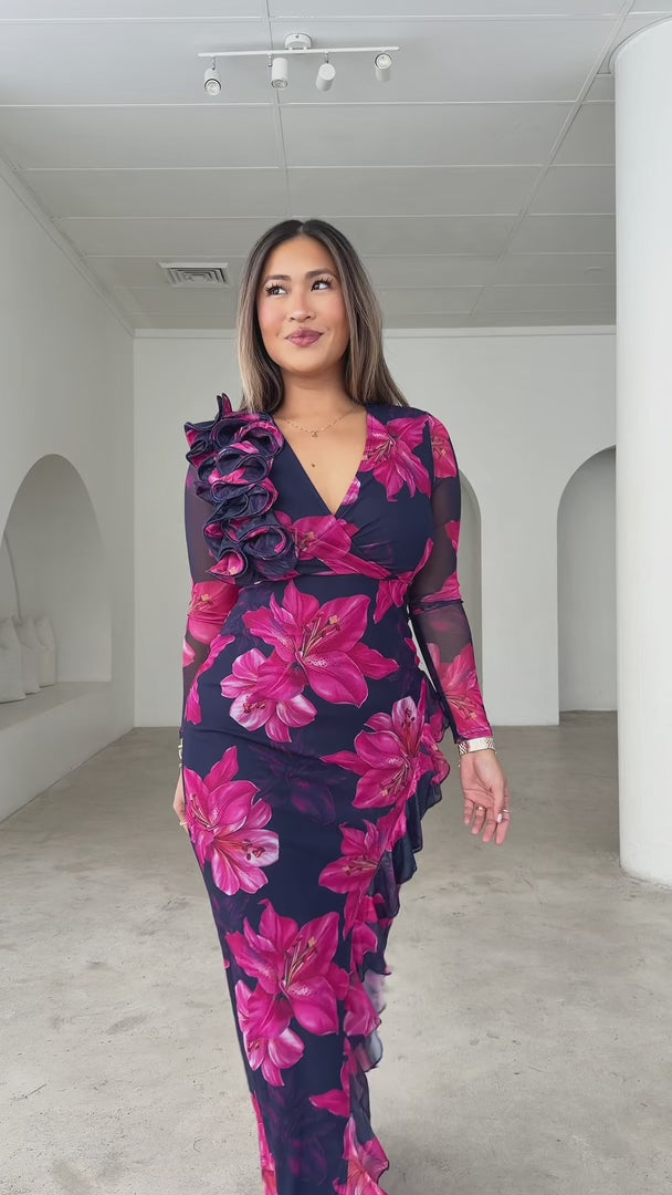 Leandro Long Sleeve Mesh Maxi Dress - Navy Pink Floral