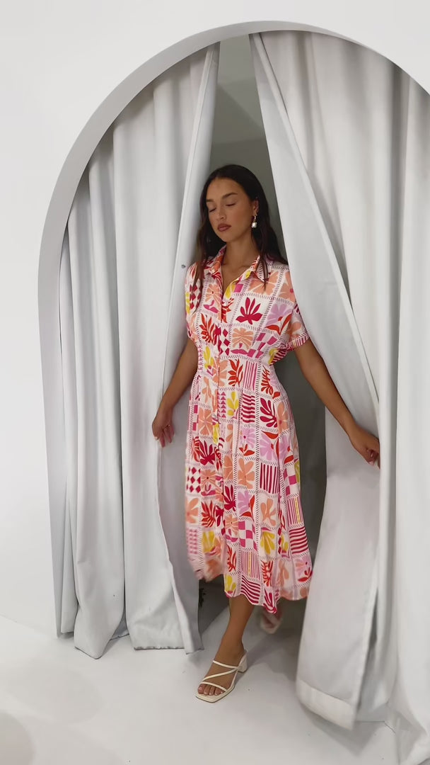 Rainier Midi Dress - Pink Multi Print