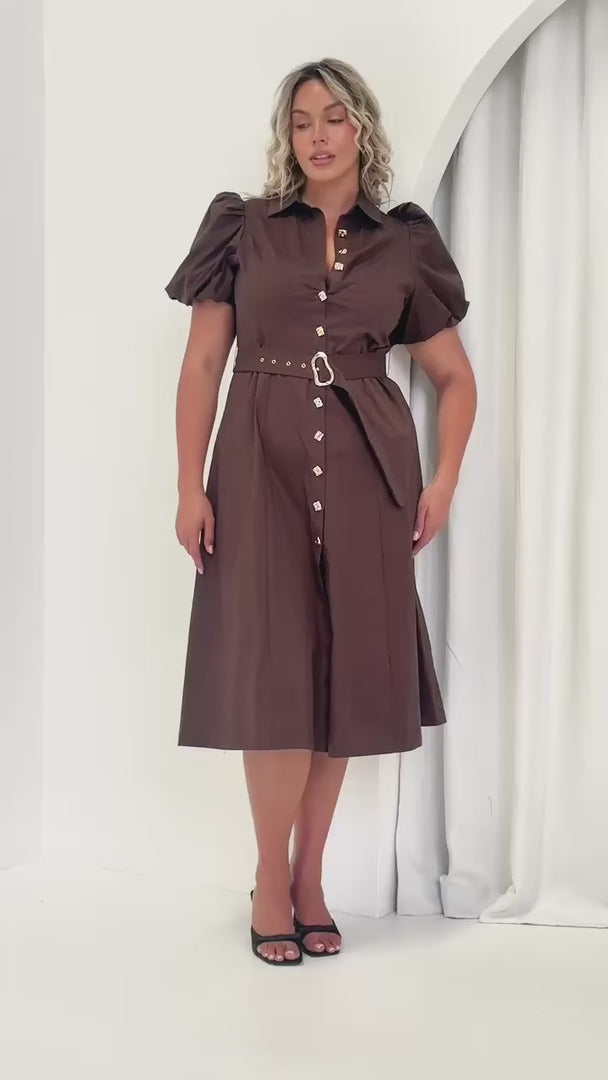 Ophelia Short Sleeve Midi Dress - Dark Brown