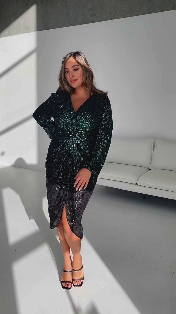 Showstopper Midi Dress - Emerald Black Sequin Ombre