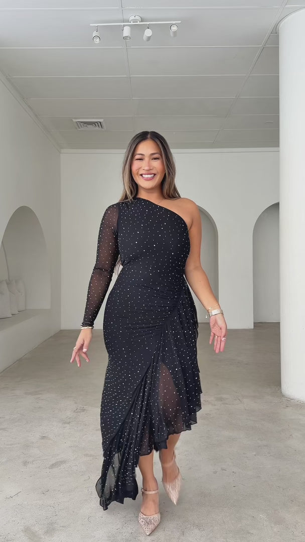 Quinto Long Sleeve Embellished Mesh Maxi Dress - Black