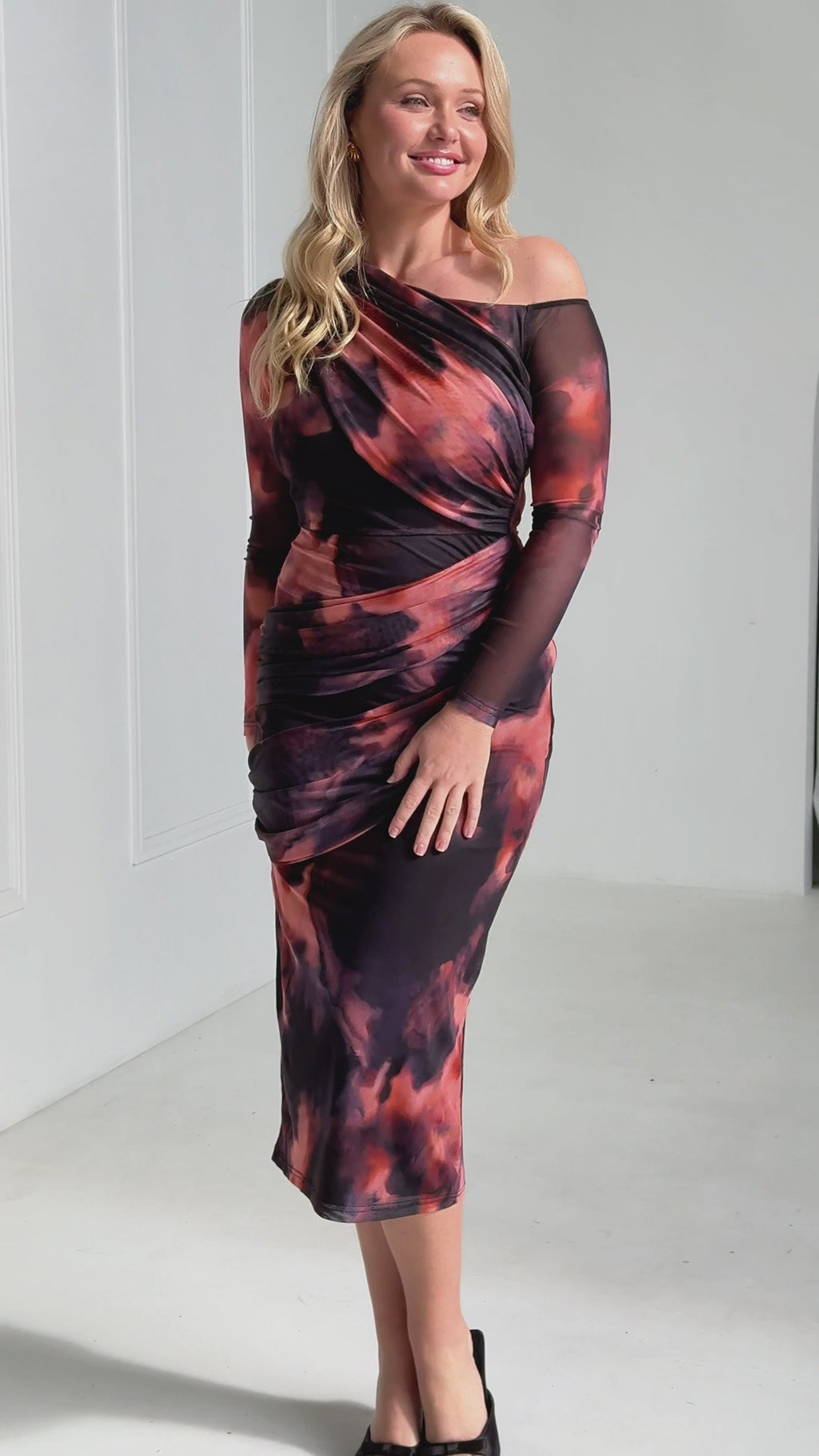 Benita Mesh Midi Dress - Brown Orange Multi Print