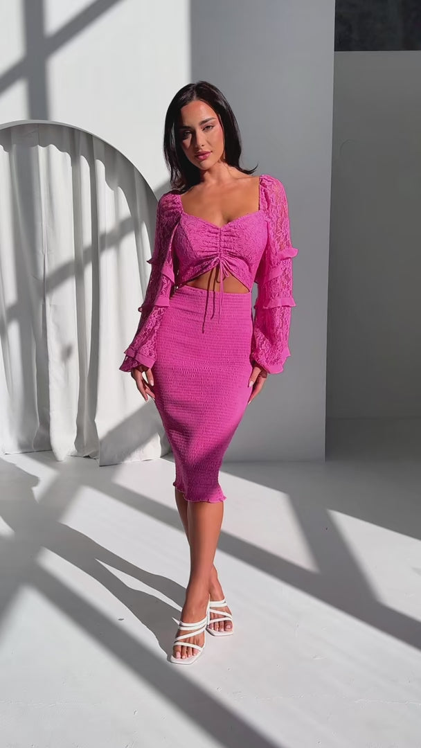 Leona Lace Sleeve Midi Dress - Pink