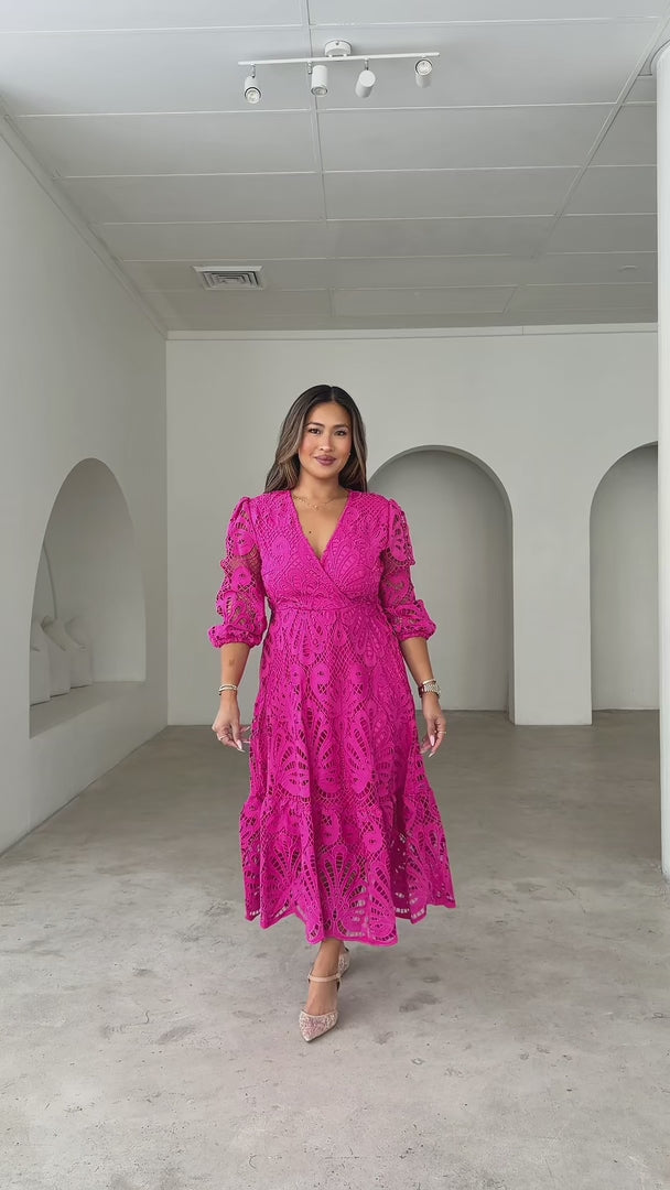 Criselda Lace Midi Dress - Hot Pink