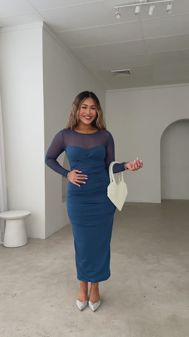 Veda Mesh Midi Dress - Teal Blue